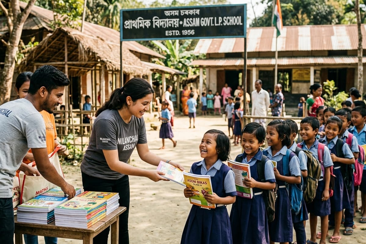 Volunteers distribute new textbooks to students in a rural Assam schoolyard.