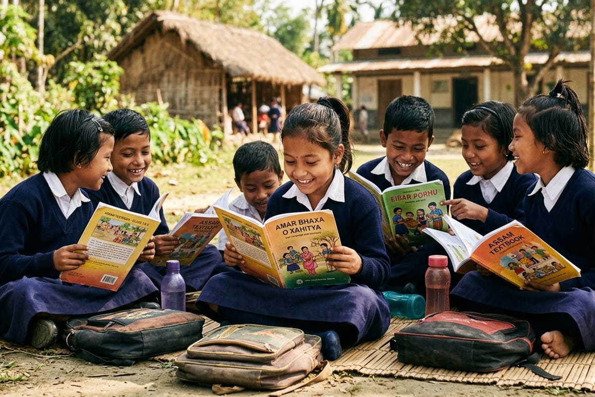 Children gather outdoors to read their new textbooks together.