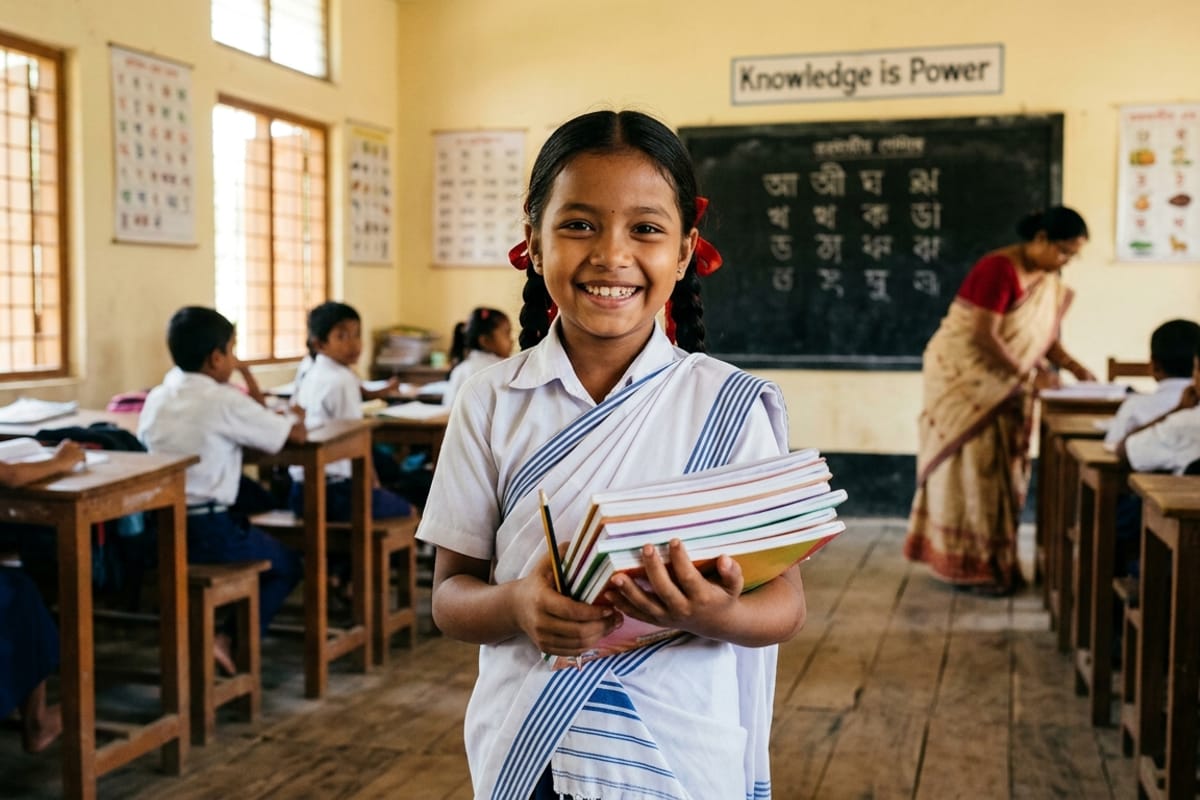 A young student receives her first set of notebooks for the new term.