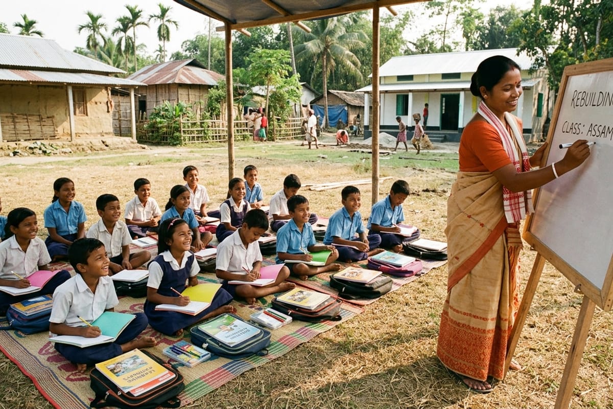 An outdoor classroom resumes in a flood-recovered Assam village.