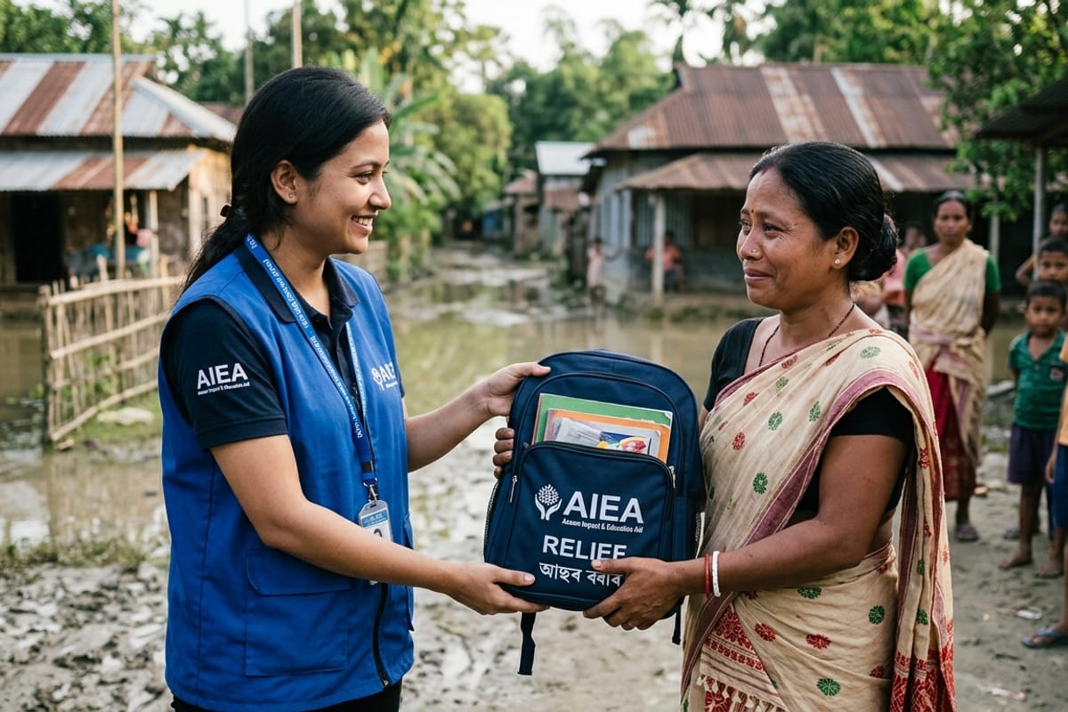 A school bag filled with books is handed to a grateful family.