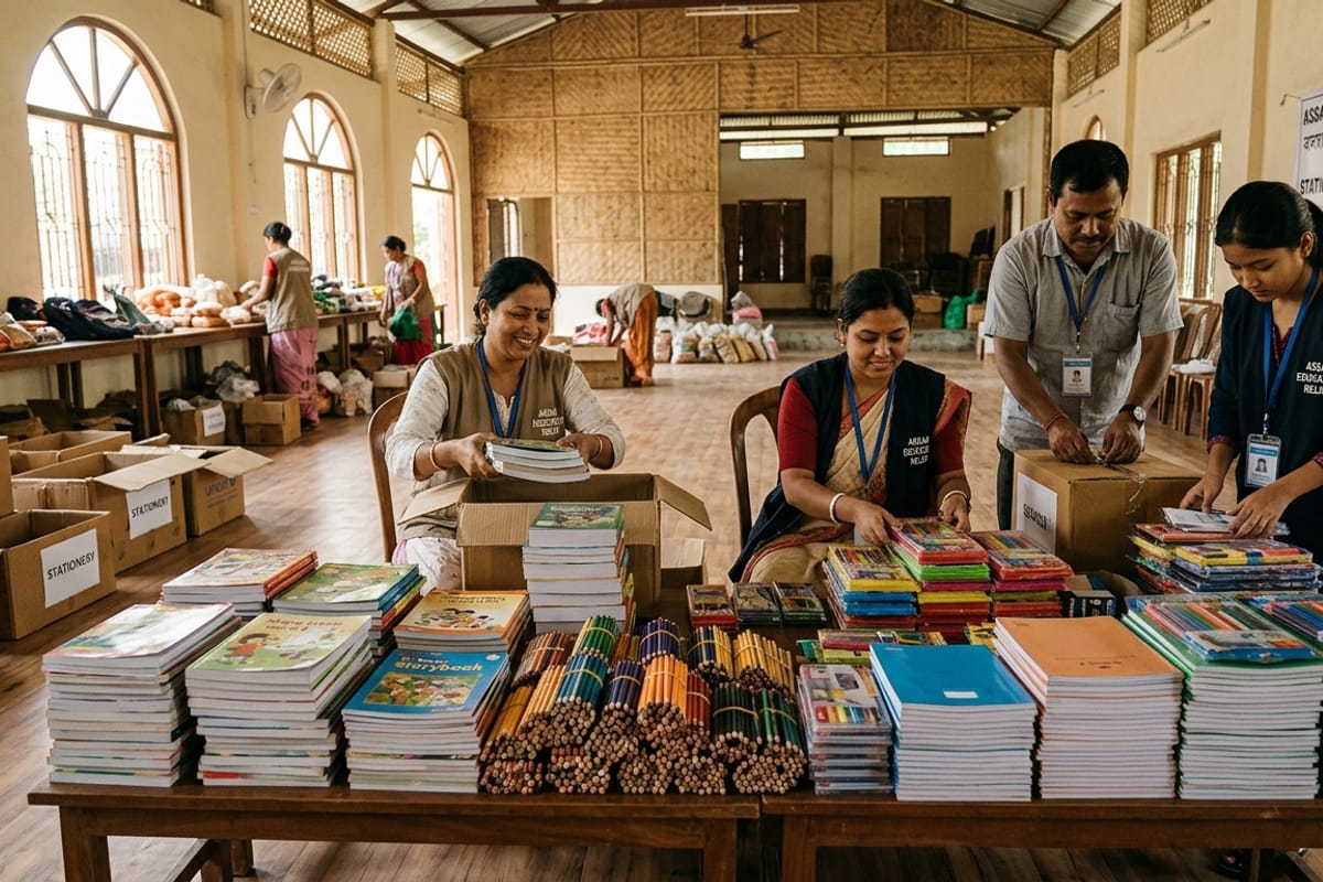 Relief teams sort and pack school supply kits at a community hall.