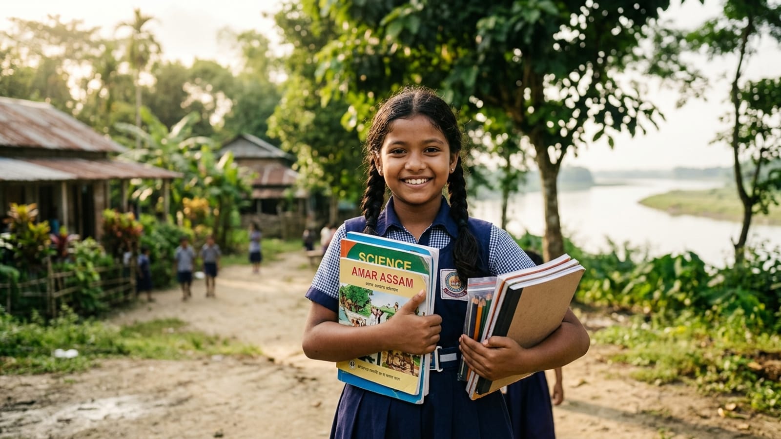 Children affected by the Assam floods smiling as they receive new school supplies and books